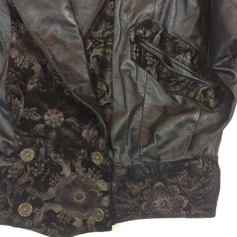 Vintage 80's Black Cropped Leather Jacket Floral - Picture 4 of 8